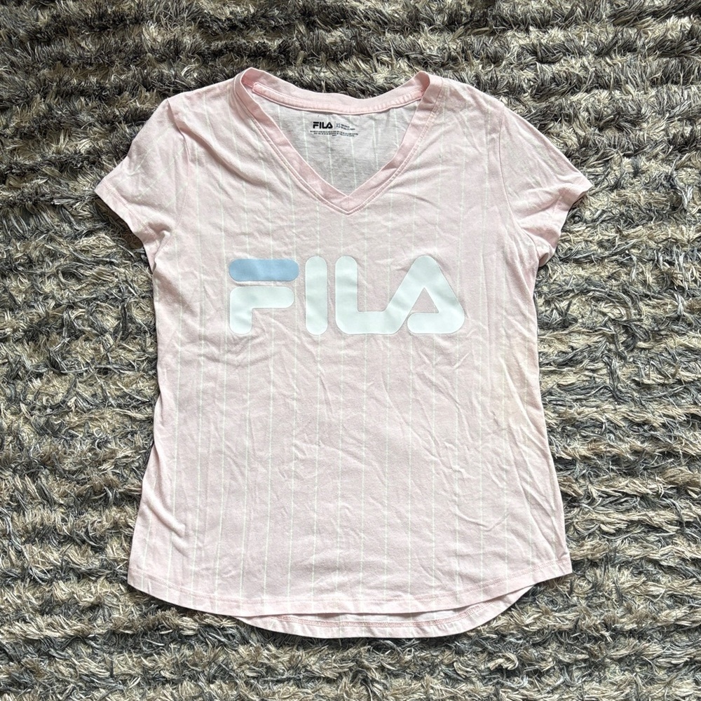 Fila Women's Light Pink V-Neck Logo Cotton Tee Size XS
